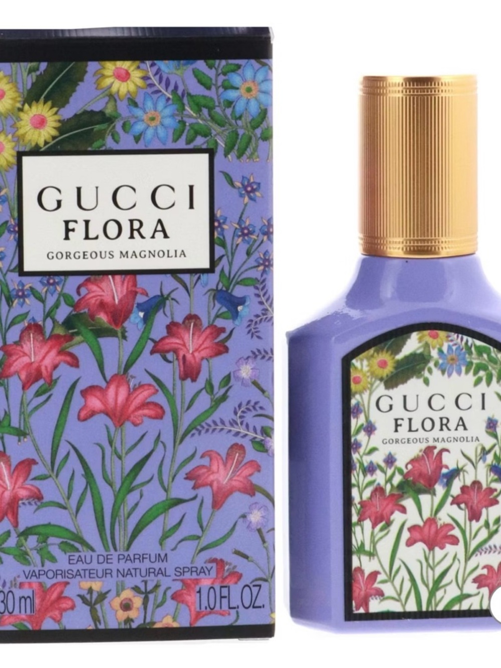 Gucci Flora Gorgeous Magnolia Lavender Purple and Gold Fragrance Bottle
